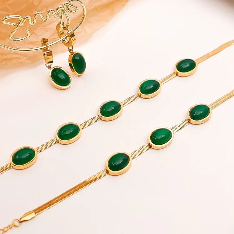 Elegant Green Stone Gold-Plated Jewelry Set for Women | Necklace, Bracelet & Earrings