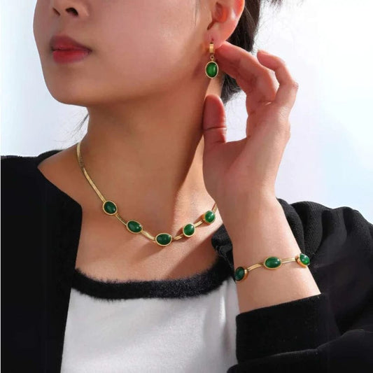 Elegant Green Stone Gold-Plated Jewelry Set for Women | Necklace, Bracelet & Earrings