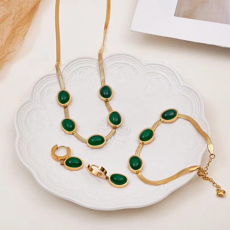 Elegant Green Stone Gold-Plated Jewelry Set for Women | Necklace, Bracelet & Earrings